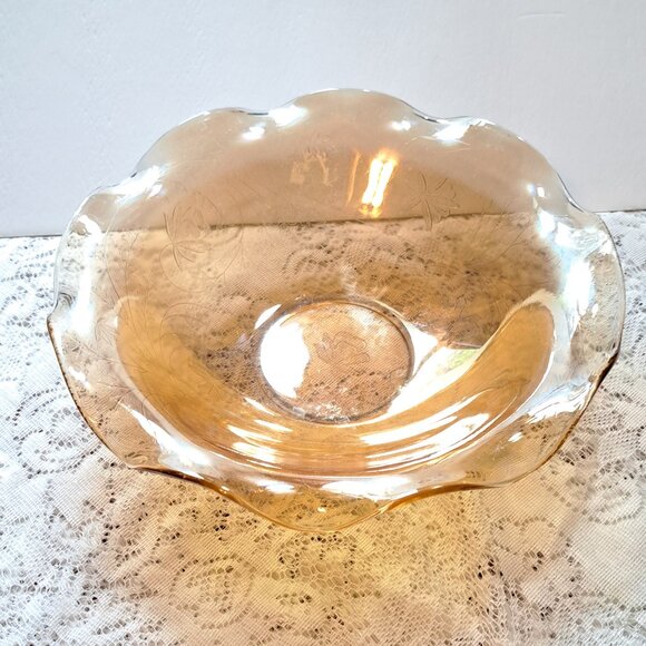 Jeannette Glass Iridescent Floragold Louisa Pattern Ruffled Edge Bowl Set of 2 - Picture 2 of 4